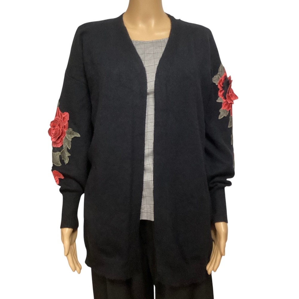 Dreamers Black Open Front Cardigan Rose Floral Embroidered Sleeve C8522 ML